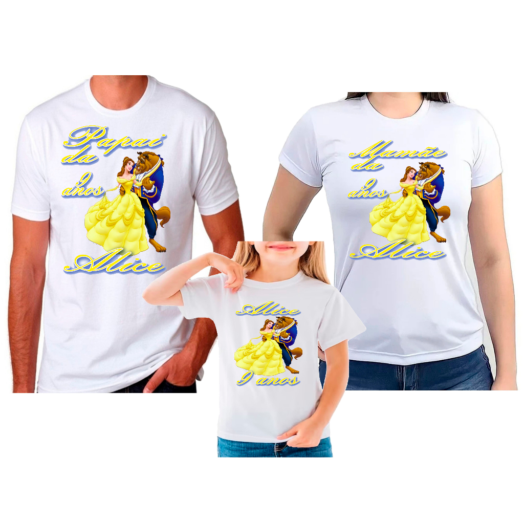 kit 4 camisetas festa aniversário tema bela e a fera menina