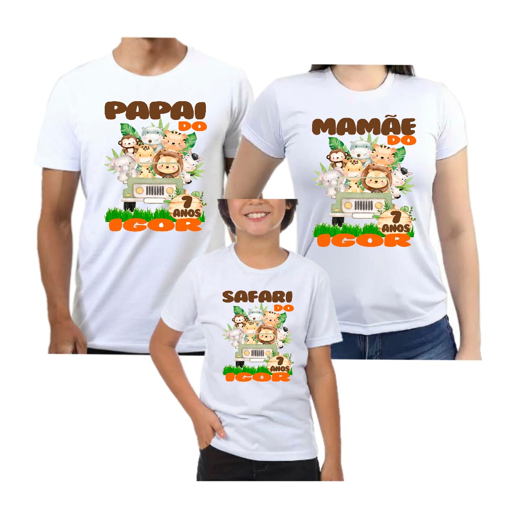 kit 4 camisetas festa aniversário tema safari aquarela