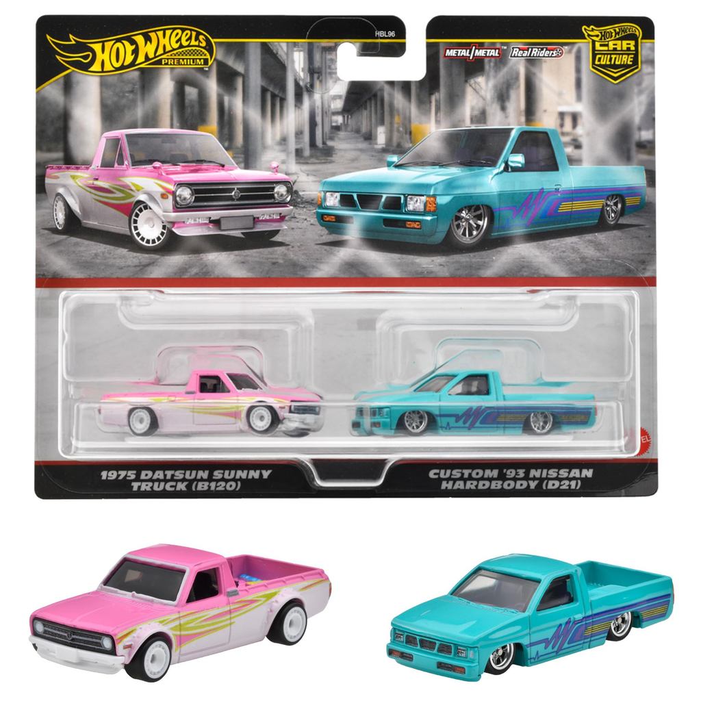 Hot Wheels Premium 2-Pack 1975 Datsun Sunny Truck (B120) / Custom '93 Nissan Hardbody (D21) Vehicle Toy Miniature Car fo