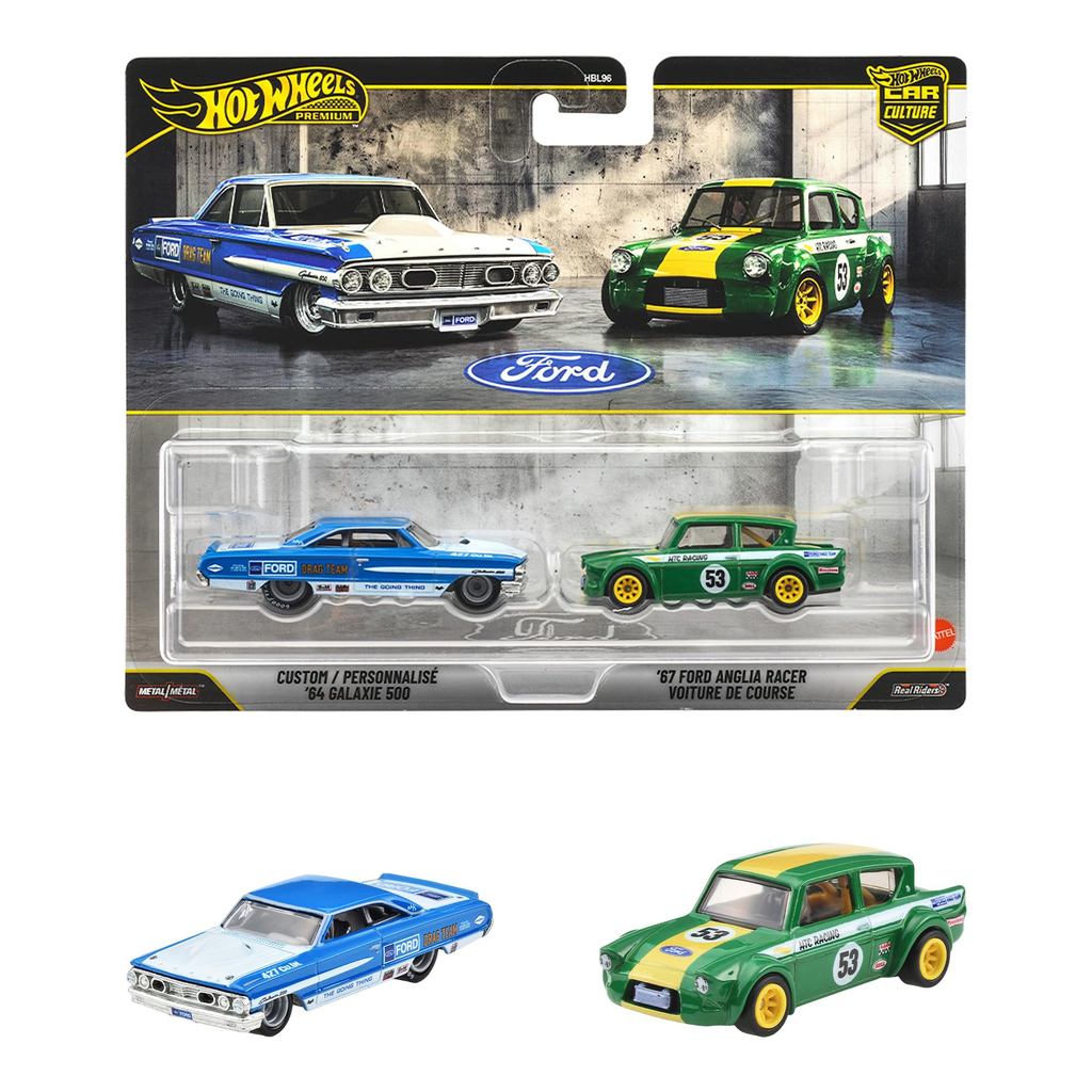 Hot Wheels Premium 2-Pack Custom '64 Galaxy 500 / '67 Ford Anglia Racer Vehicle Toy Miniature Car for Ages 3 and Up Mult