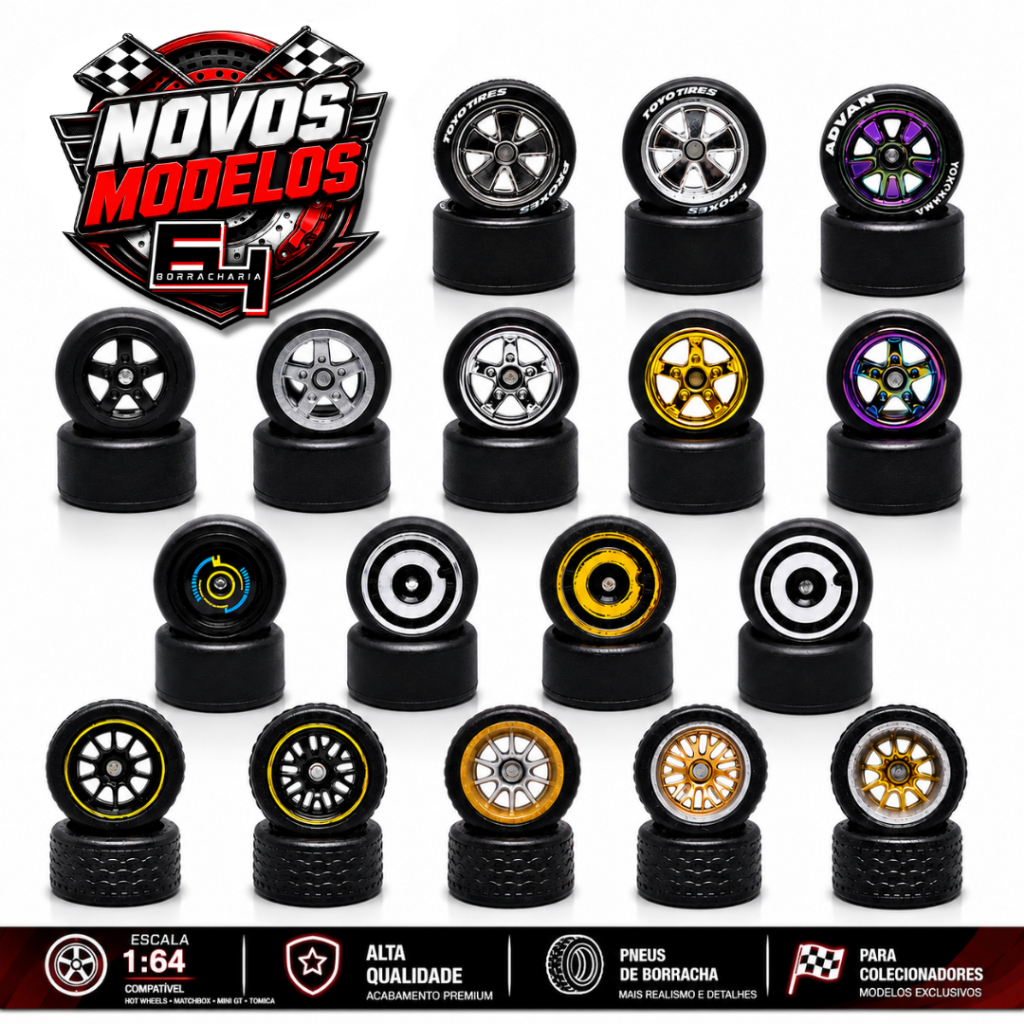 Jogo de Rodas Pneus de Borracha Hot Wheels 1:64 Custom Eixo Móvel e Fixo BNDS Muscle Car Drag Racing