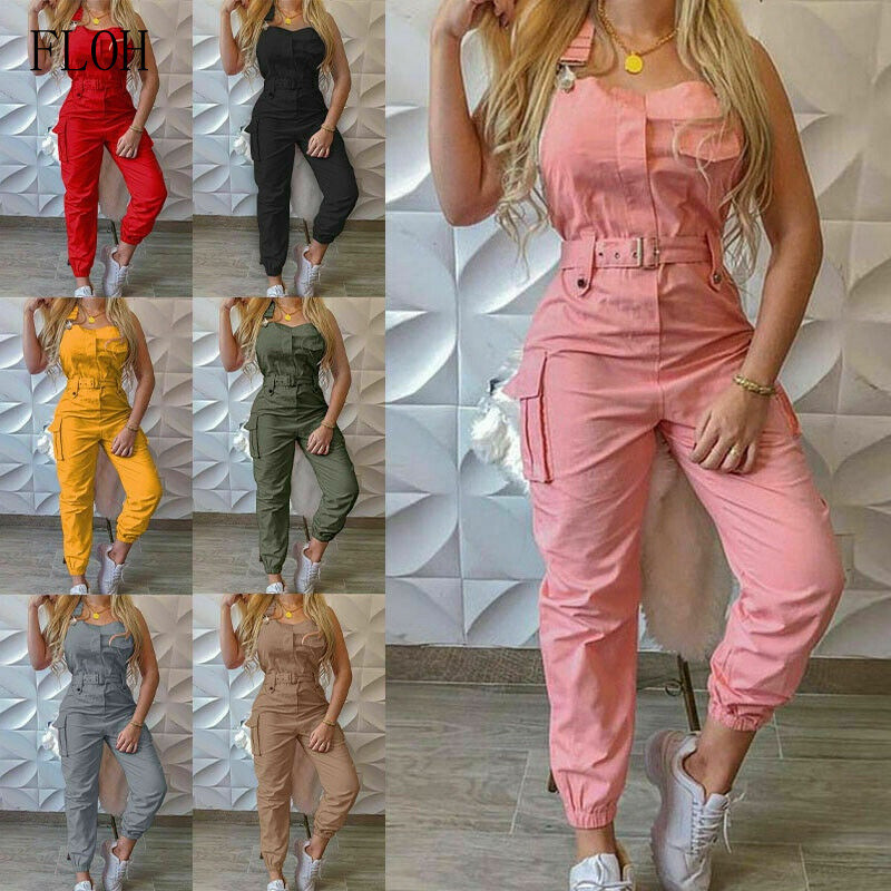 Macacão cargo feminino longo com bolsos no cinto e alça ajustável no tornozelo PEF5