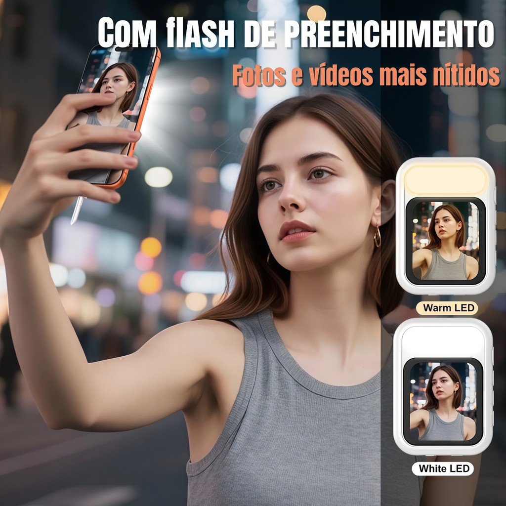 Monitor Selfie Magnético com Luz de Preenchimento, Tela para Câmera Traseira iPhone e Android, Vlog e Live.