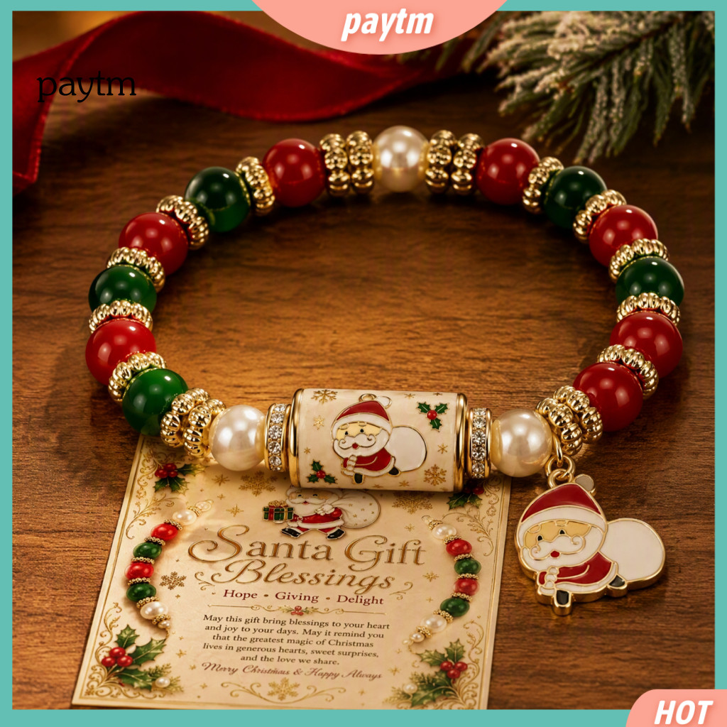 Christmas Beaded Bracelet Elastic Pearl Wrist Jewelry Charm Stretch for Women with Holiday Card – Festive Gift Stockin