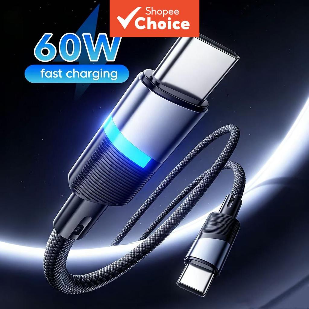 Cabo trançado preto PD60W USB C para USB C com luz indicadora LED, 1 m/1,5 m/2 m, carregador duplo tipo C para