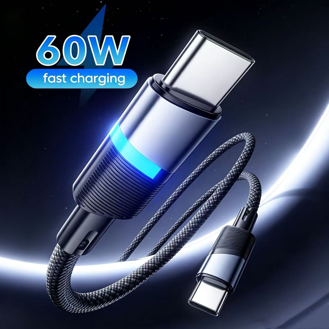 Cabo de dados trançado preto 1m 1,5m 2m PD60W USB-C para USB-C de carregamento rápido com indicador LED, fio carregador