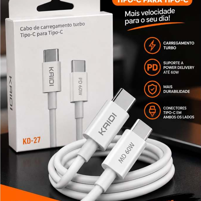 CABO DE CARREGAMENTO TURBO RAPIDO E DURAVEL PD60W 1 METRO
