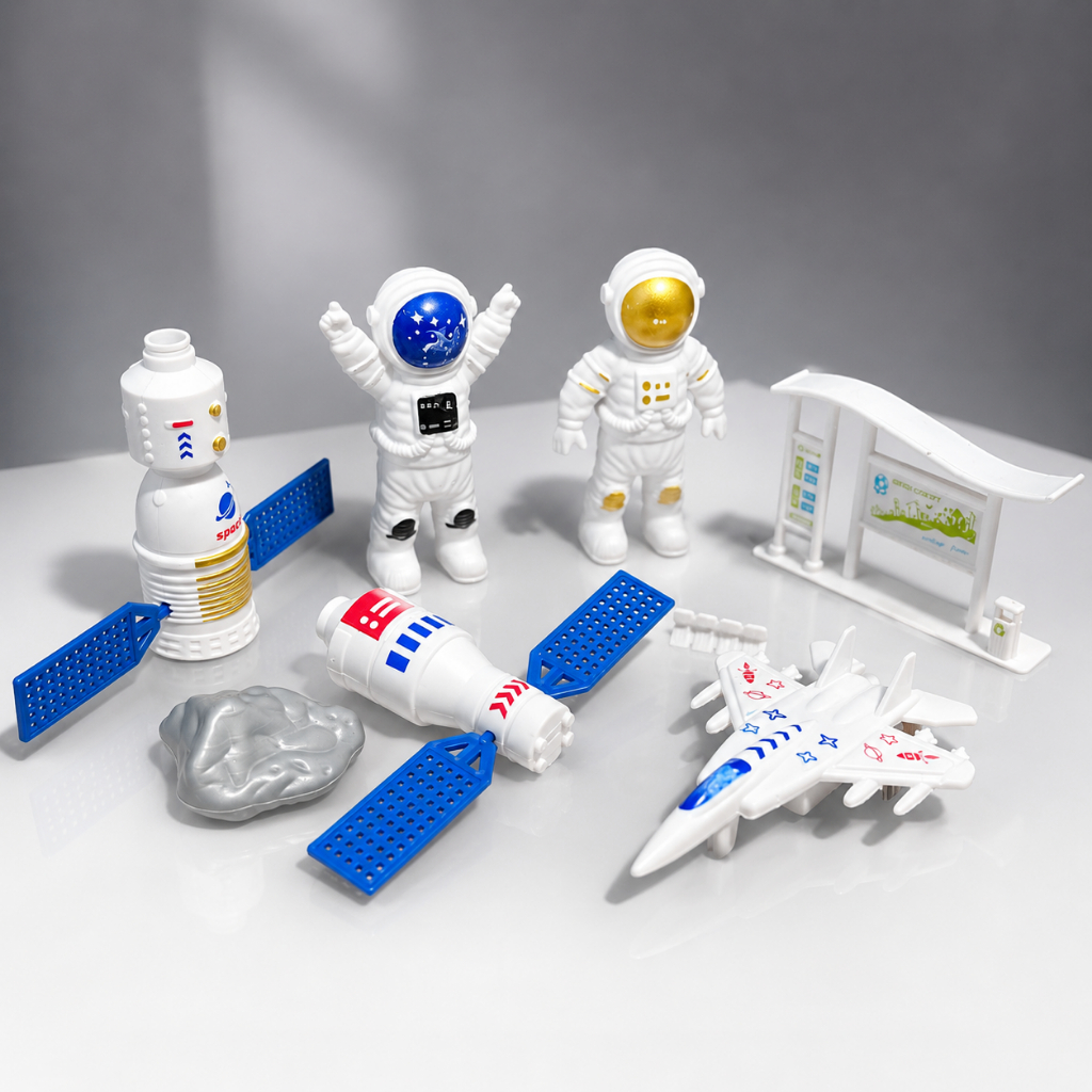 Kit 7 Peças Astronautas Brinquedos Espaciais Infantil de Plástico Foguete Satélite Avião