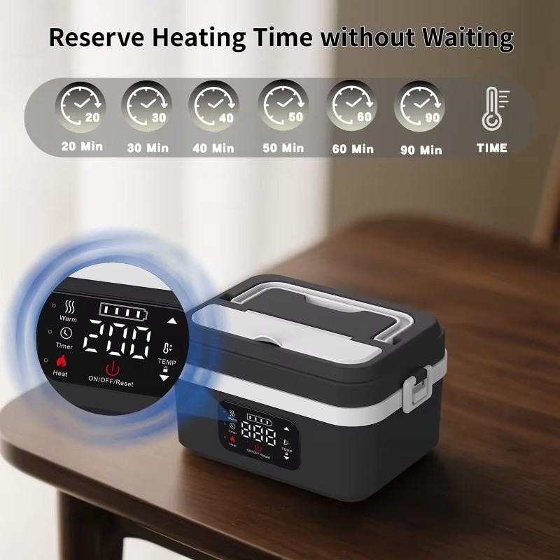 Wireless Electric Heating Lunch Box, 8000mAh Built-in Battery, 60W Waterless Food Warmer, 1L Stainless Steel Container