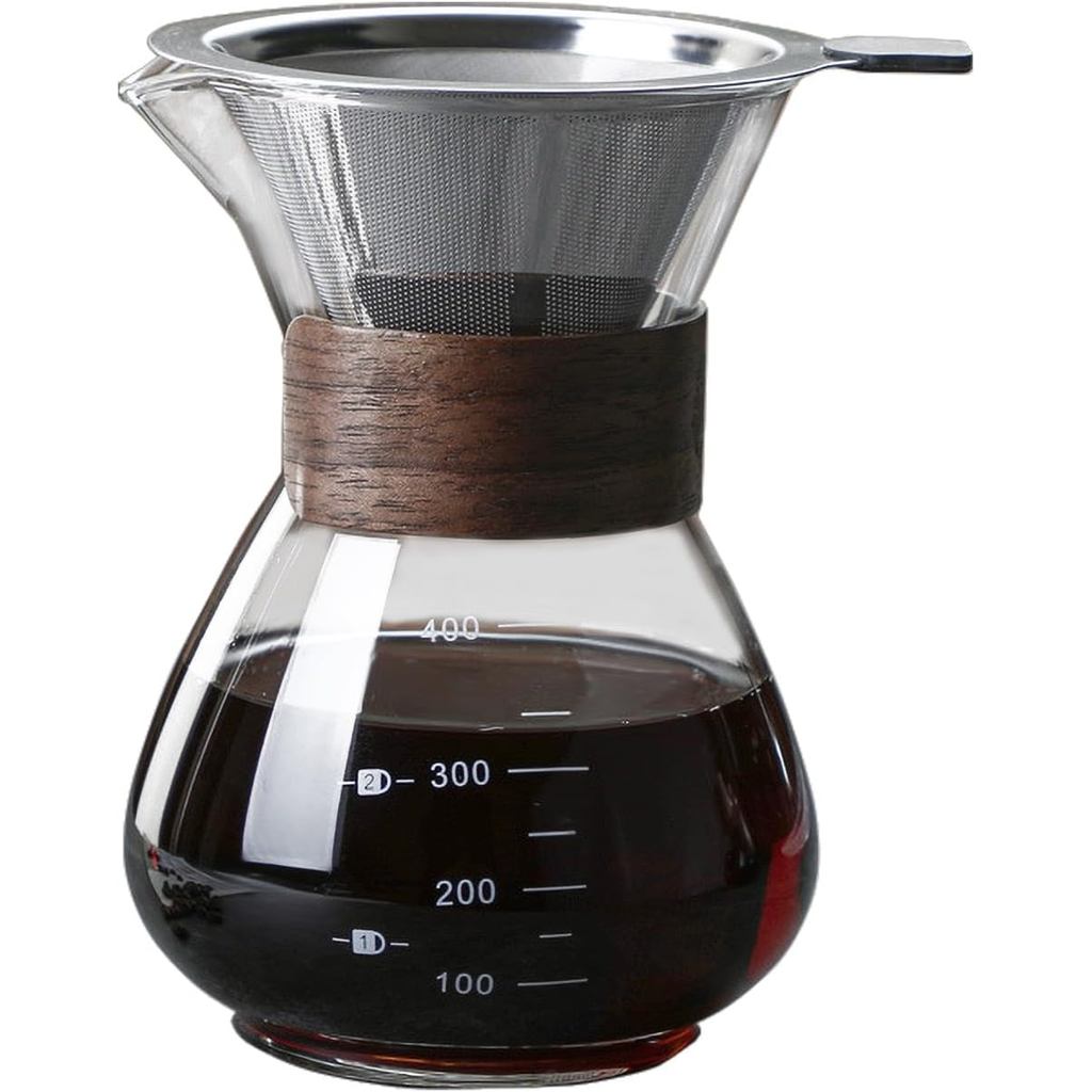 BeeCa Pour Over Coffee Maker Set, Single-Serve Coffee Essential, Reusable Double Stainless Steel Filter + Borosilicate G