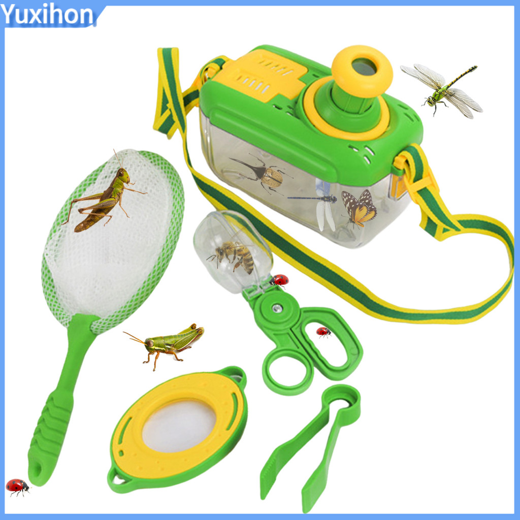 Kids Catcher Toy Outdoor Nature Exploration Kit – Set with Butterfly Net Viewer Box Scissors Clips Tweezers Magnifying