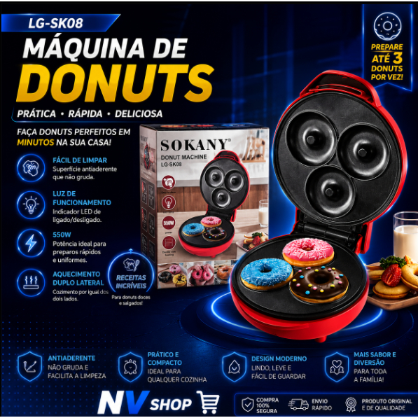 Máquina de Donuts Mini para 3 Rosquinhas – Antiaderente, Cor Vermelho