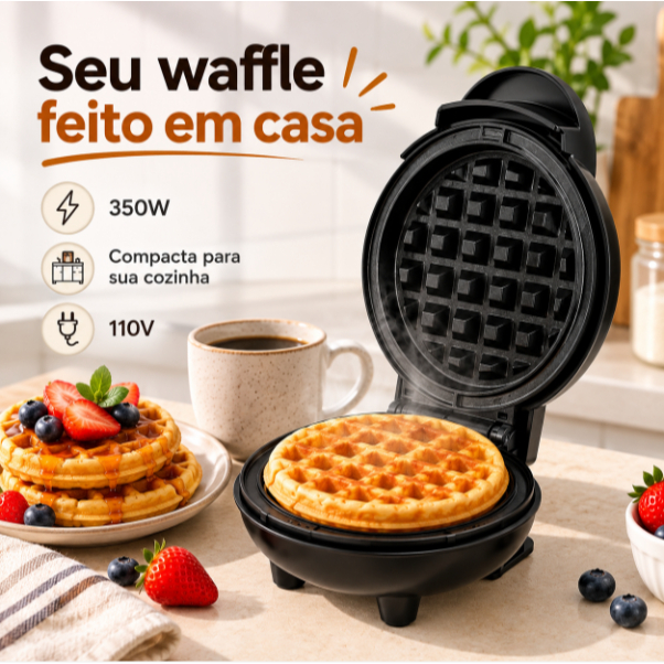 Mini Máquina de Fazer Waffle em Casa Elétrica Panquecas Preta Antiaderente 110v Portátil Café Da Manhã