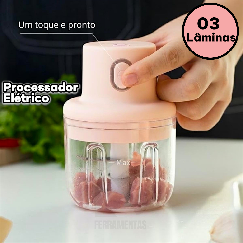 Mini Triturador Elétrico de Alimentos 250ml com 3 lâminas de aço inox USB Recarregável Para Legumes Alho
