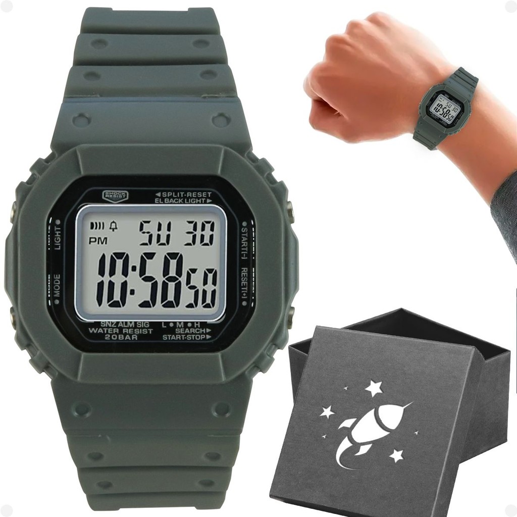 Relogio Infantil Digital Silicone Menino Criança + Caixa cronometro prova dagua data quadrado cinza