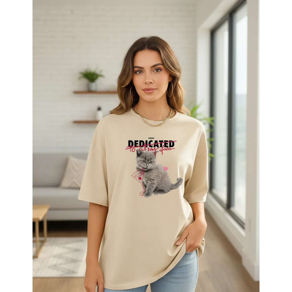 Camiseta Oversized Feminina Algodão Gatinho Dedicated My Fan