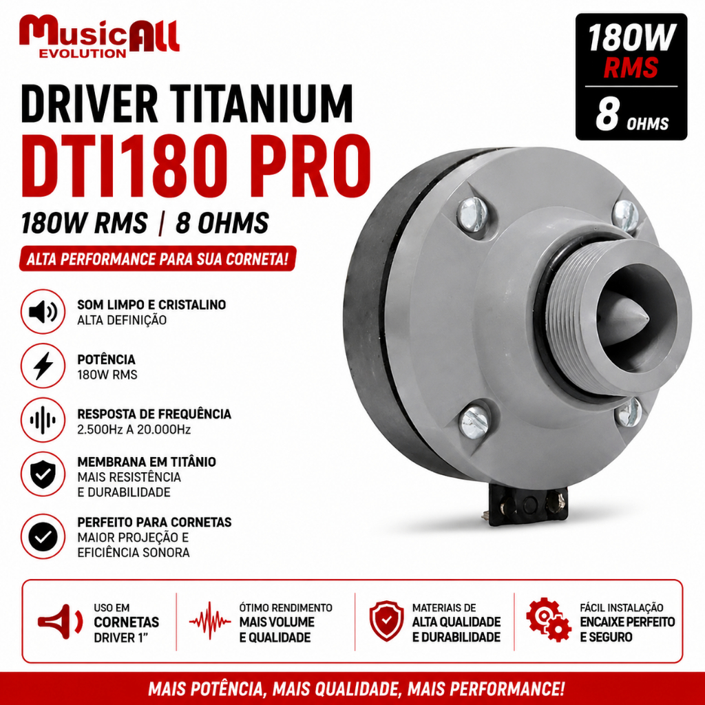 Driver Titânio DTI180 Pro Musicall 180W 8 Ohms para Corneta Som Automotivo e Caixa de Som