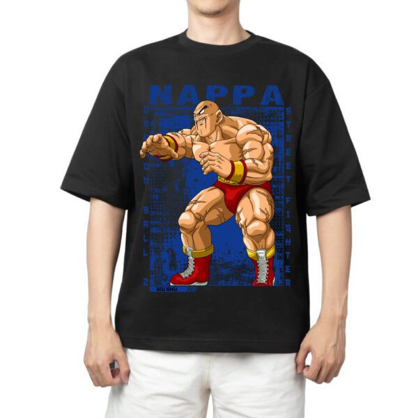 Camiseta Oversized Masculina Feminina Preta Estampa Nappa Crossover Dragon Ball Street Fighter Fundo Azul Desgastado