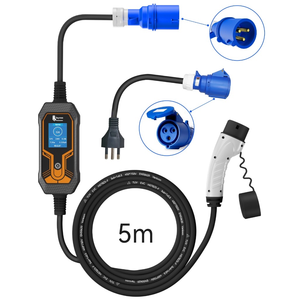 Carregador EV portátil 7KW 32A Type2 IEC62196-2 EVSE Caixa de carregamento Cabo de carregamento de 5 metros
