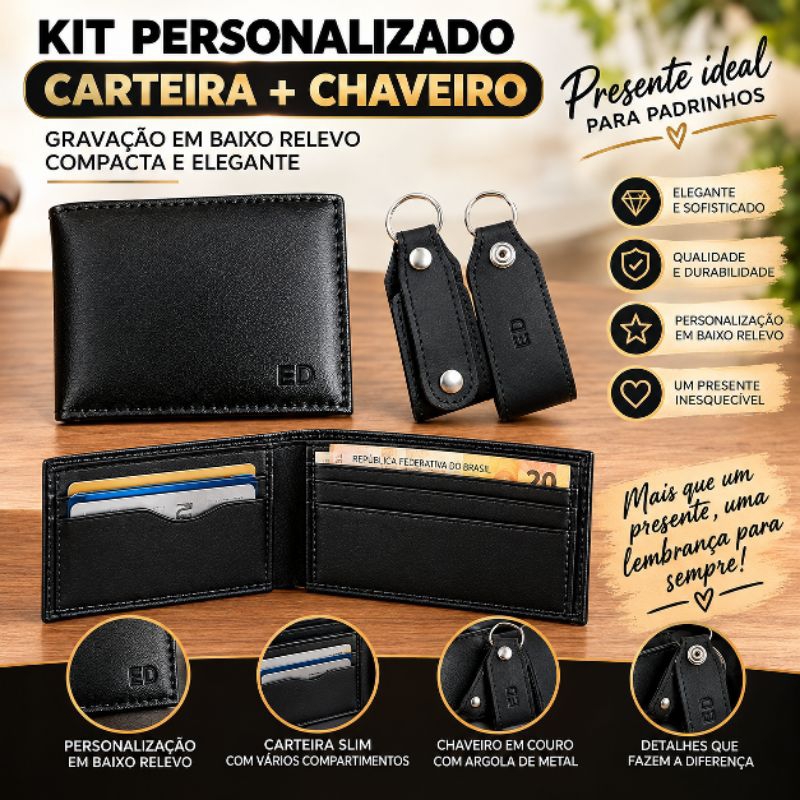 KIT Carteira Slim e Chaveiro Personalizado Lembrancinha Padrinhos Convite Casamento Presente