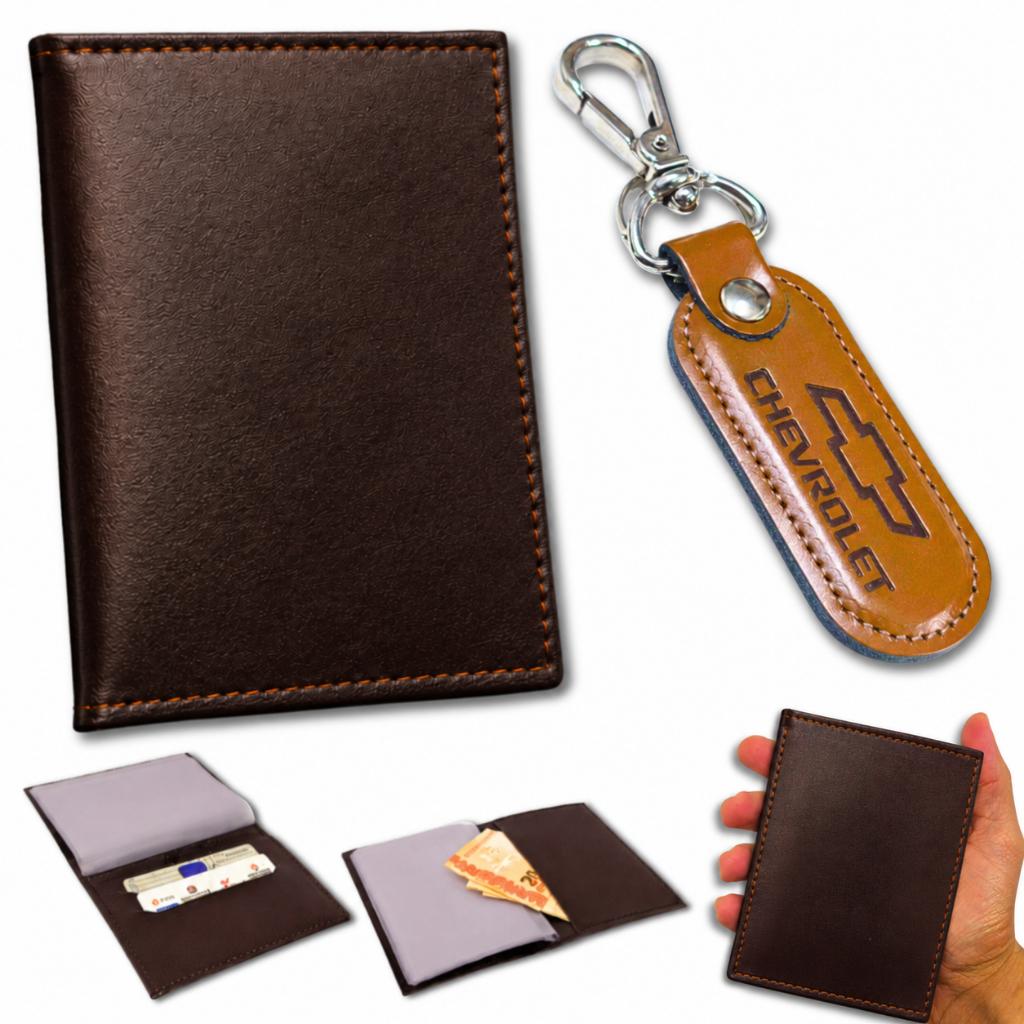 Chaveiro Chevrolet + Carteira Porta Documento Automotivo Couro Carro Universal kit