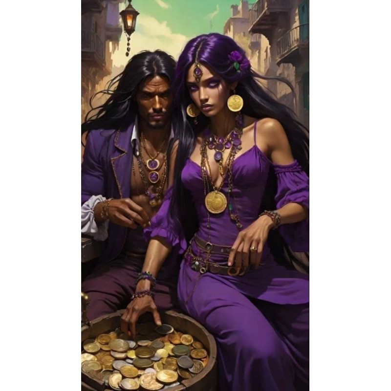 QUADRO DECORATIVO PLACA MDF-CASAL CIGANO ROXO COM BALDE DE MOEDAS