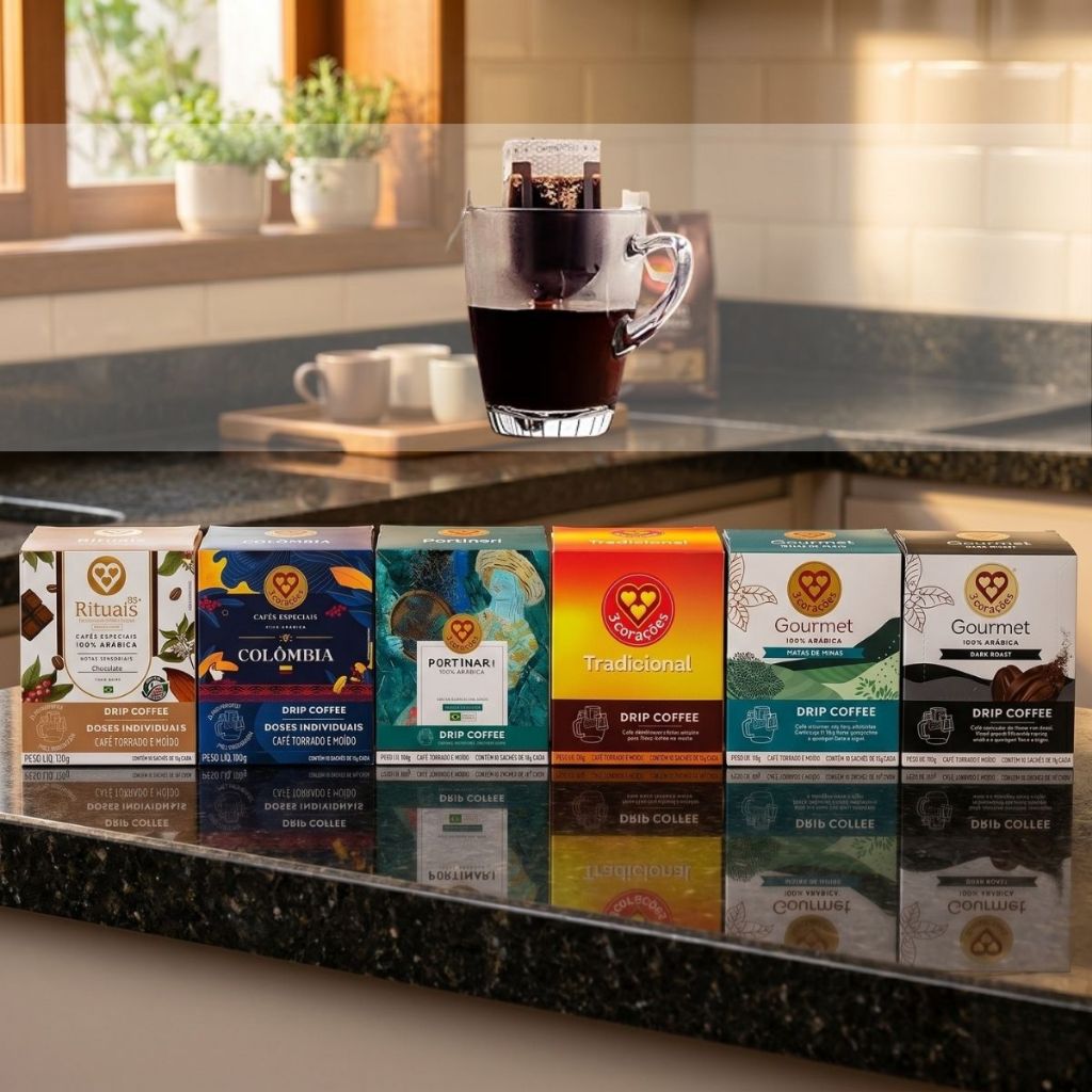 Café Drip Coffee Sachê Dark, Matas de Minas, Tradicional, Portinari e Colômbia 3 Corações