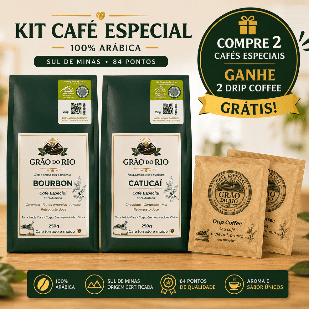Kit 2 Cafés Especiais 100% Arábica 250g + 2 Drip Coffee Grátis | Bourbon + Catucaí | 84 Pontos