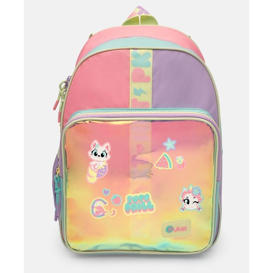 Mochila Infantil Menina Costas Rosa Com Adesivos Color Block Puket
