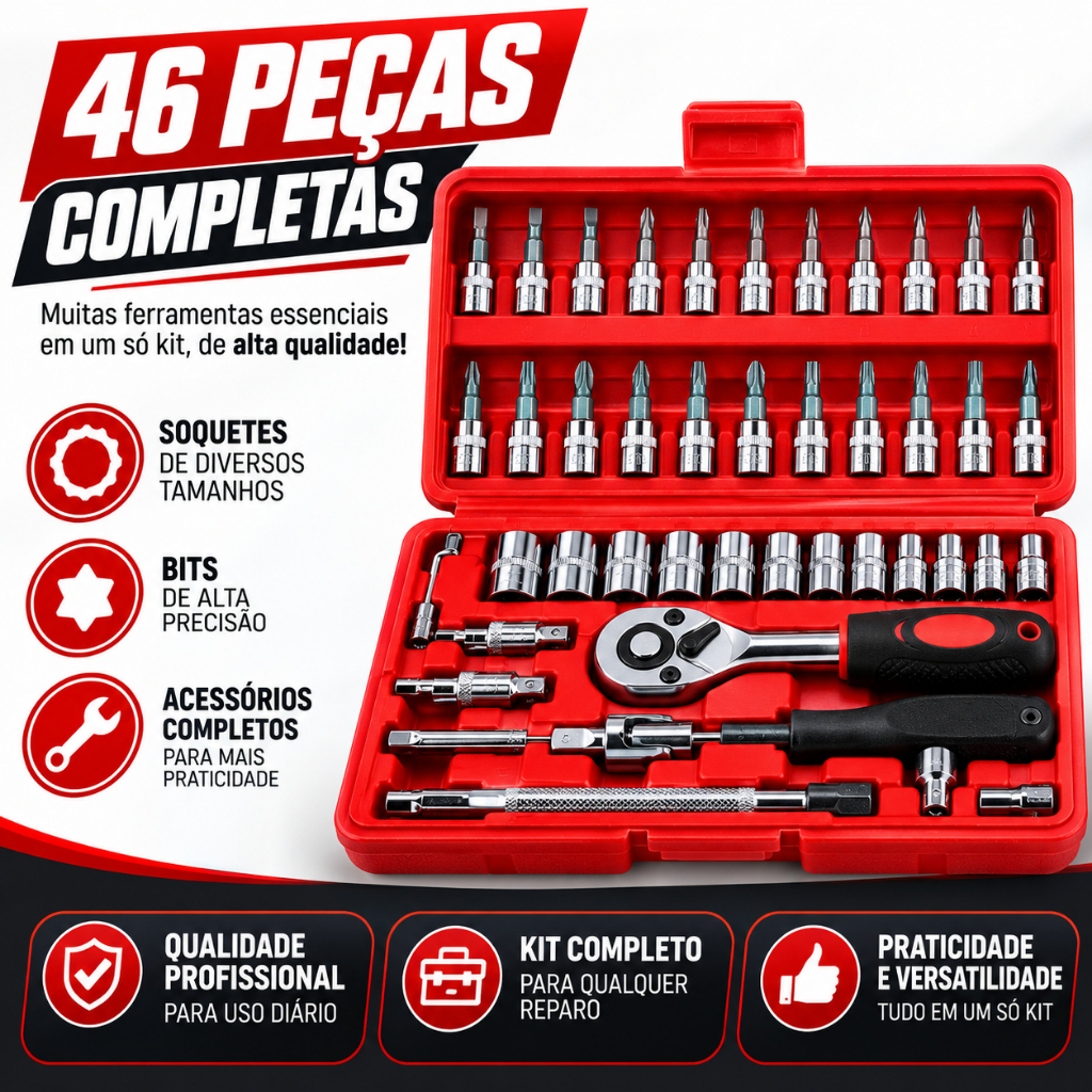 Kit Jogo De Chave Catraca Soquete 46 Peças Com Jogo Ferramentas Profissional Chave Fenda Philips Soquete 1/4 1/2Em Aço