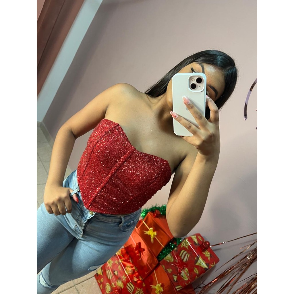 corselet cropped com glitter e airo, tem amarração atrás e sem alça