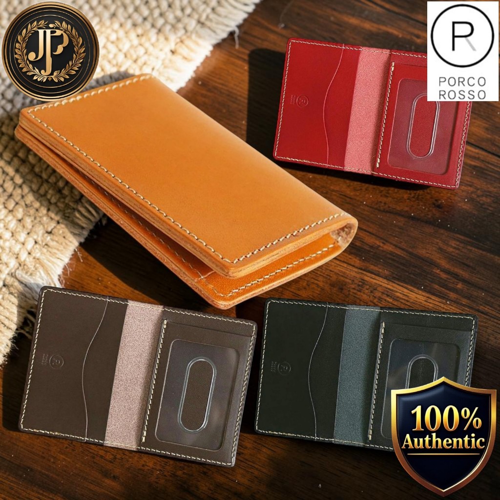 PORCO ROSSO Bifold Pass Case, Genuine Tochigi Leather Card Holder for Men & Women, Made in Japan Camel/Chocolate Brown