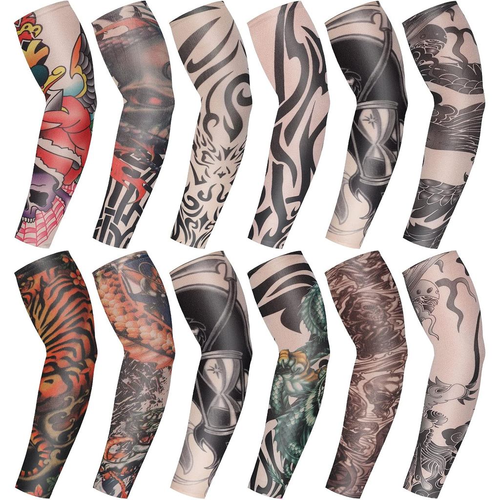 Geyoga 12 Pcs Tattoo Sleeves Fake Arm Sleeves Cover Realistic Soft Elasticity UV Protection for Men Women Working
