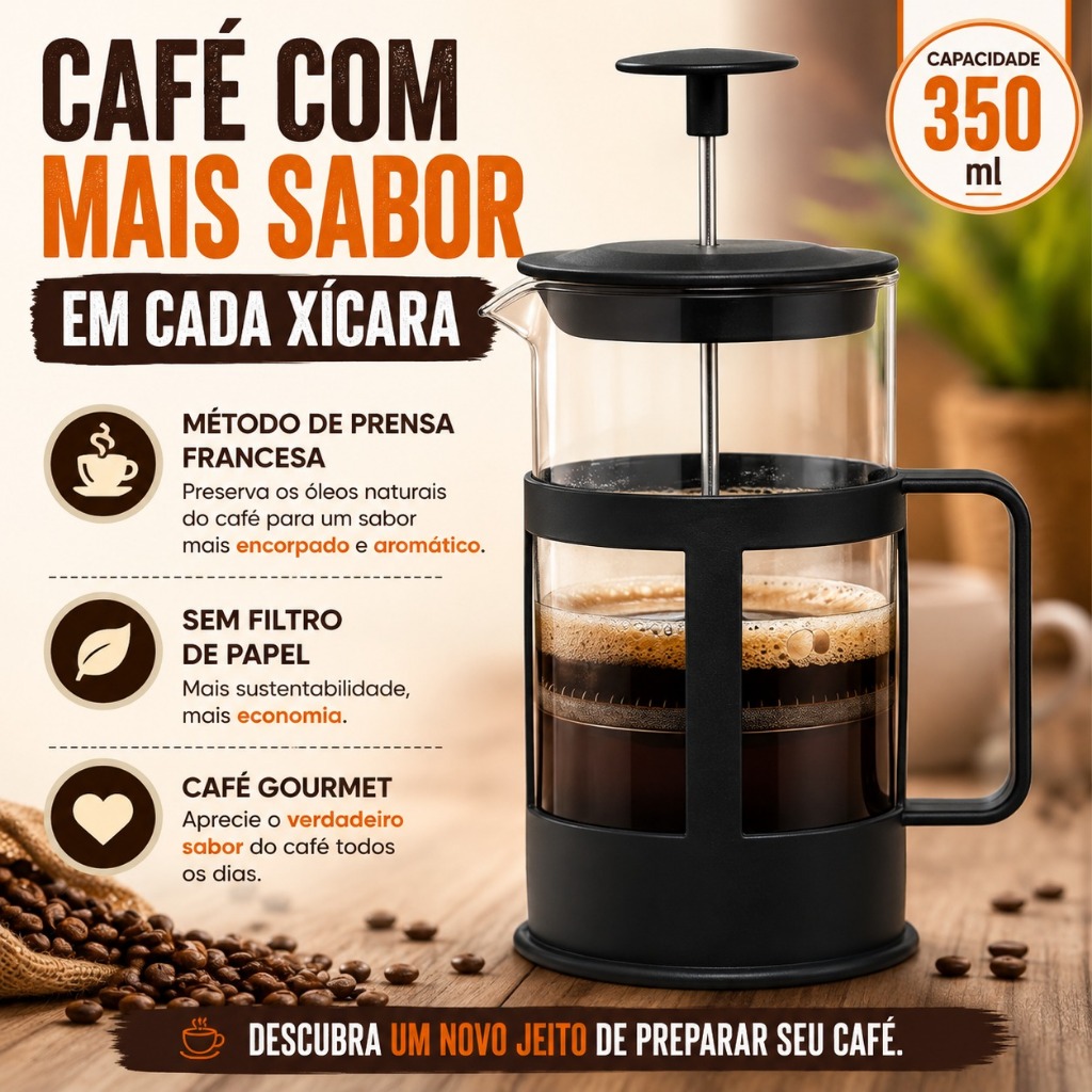 Prensa Francesa 350ml French Press Cafeteira Manual Vidro Borossilicato Filtro Inox Café e Chá MO-AK-55