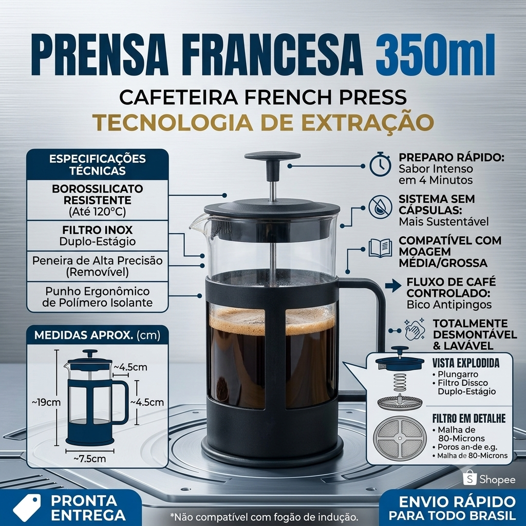 Prensa Francesa 350ml Cafeteira French Press Vidro Borossilicato Filtro Inox para Café e Chá