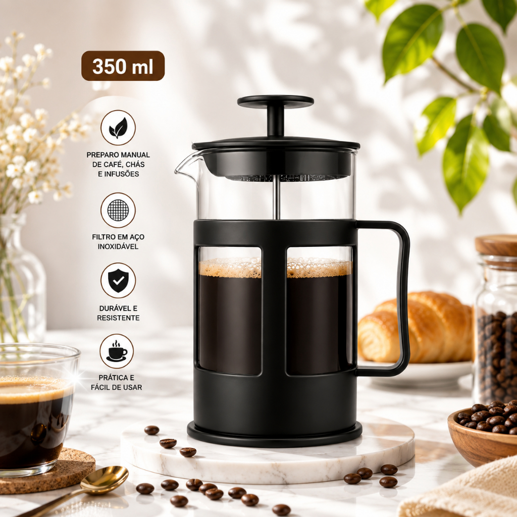 Cafeteira Prensa Francesa 350ml French Press MO-AK-55 Vidro Borossilicato Infusor de Chá Filtro Inox Preto