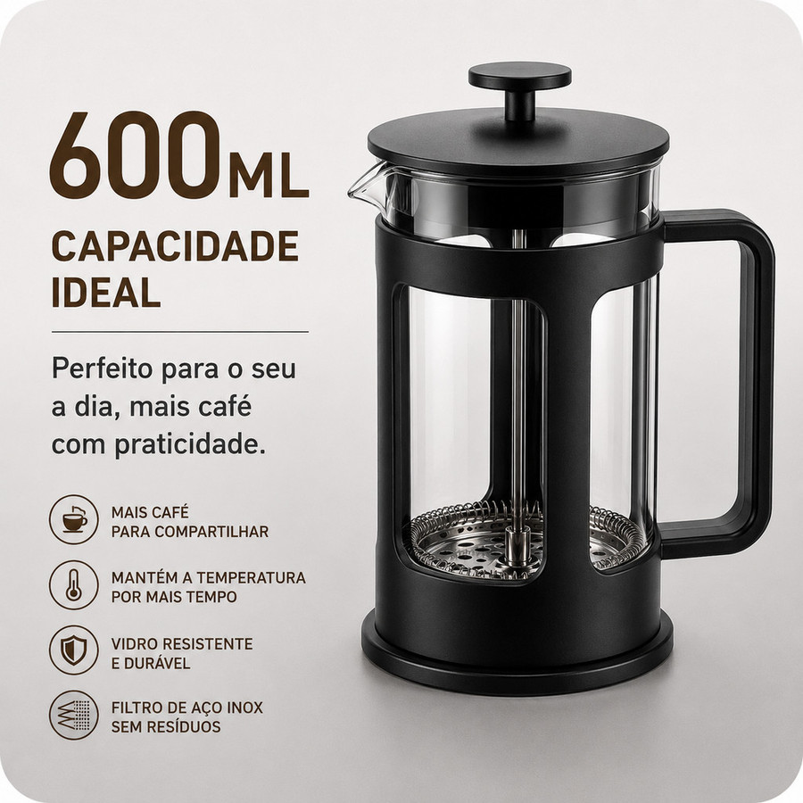 French Press 600ml Cafeteira Manual para Café Chá e Leite com Filtro Inox
