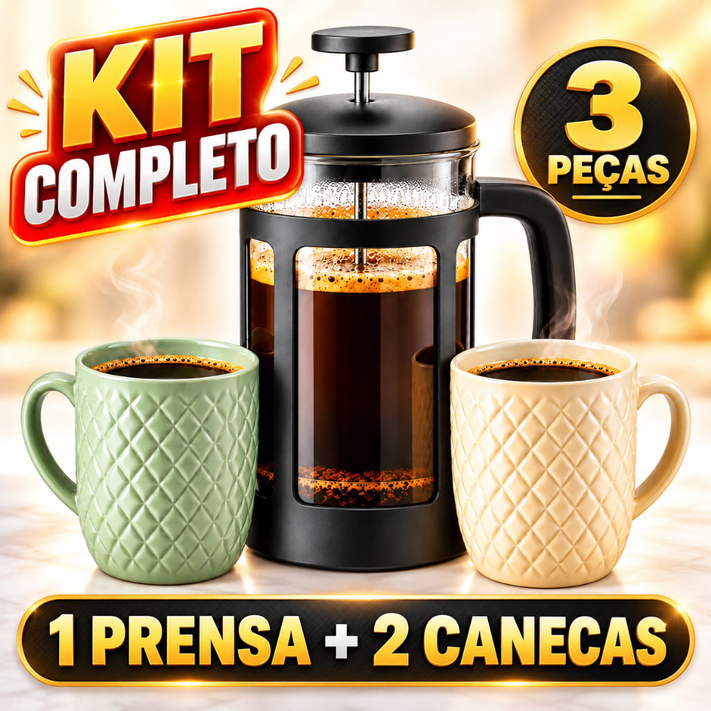 Cafeteira Prensa Francesa 600ml Kit 2 Xícaras Vidro French Press Filtro Inox Café Chá Cremeira