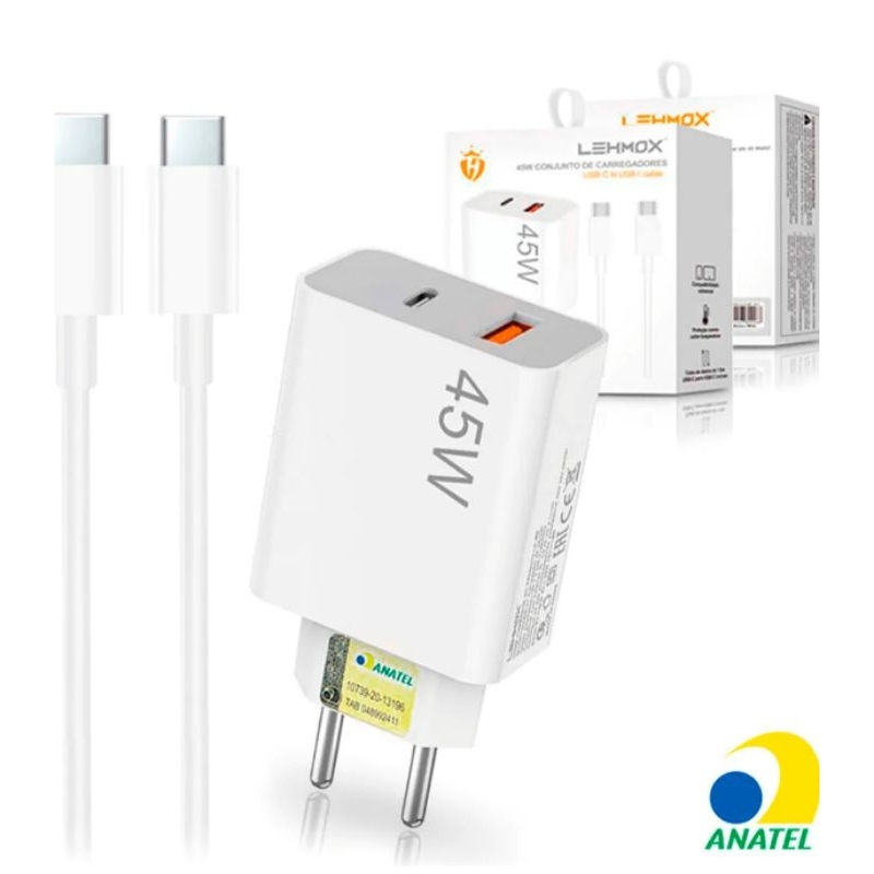 Carregador de Celular Turbo 45W PD USB com Cabo Type-C 1M
