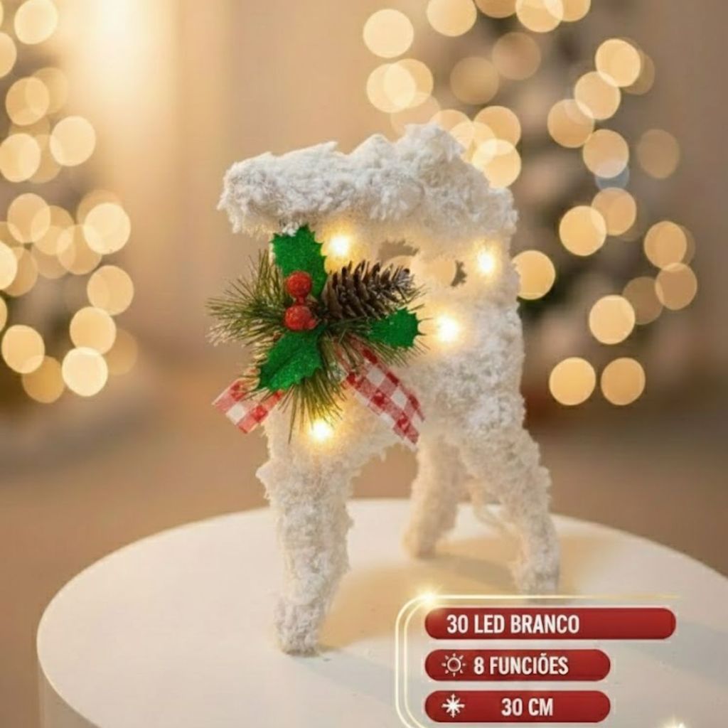 Rena de Neve 30cm - 30 LEDs Branco Quente Bivolt | 8 Funções  Natal Mágico!(Clear & Functional)