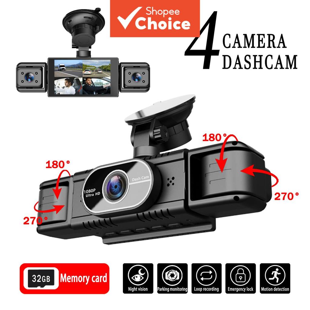 Câmera veicular de 4 canais, gravação dupla frontal e traseira em Full HD 1080P, gravação lateral dupla, tela IPS de 3