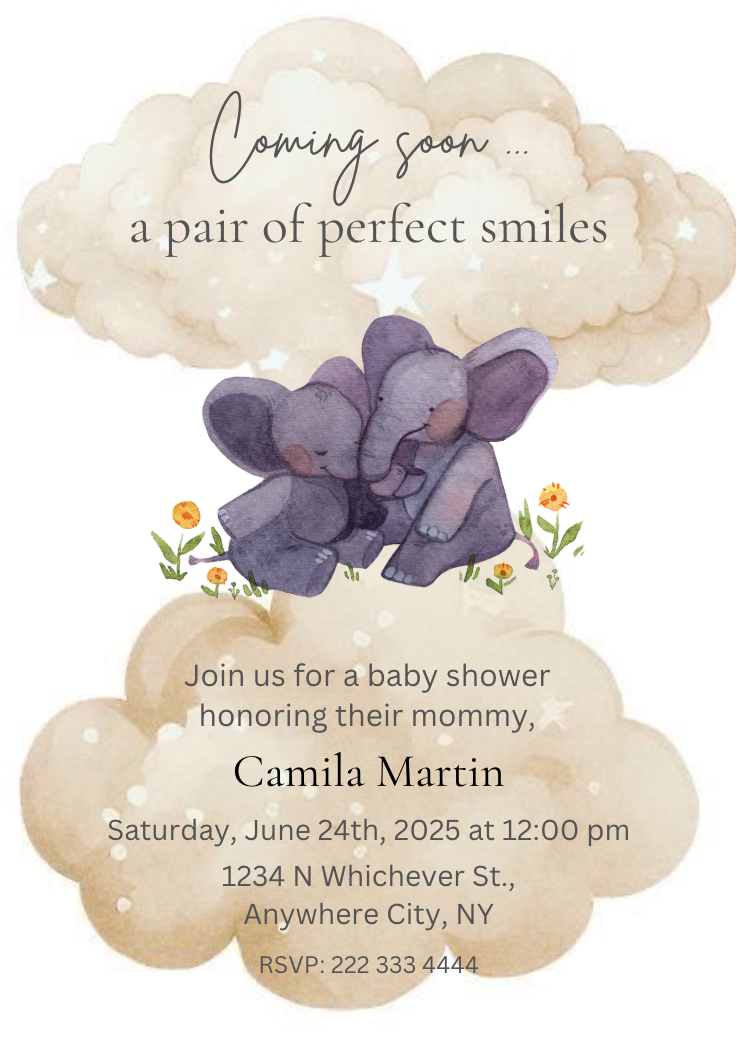 ???????? Unisex Baby Shower Invitation Template – Two Cute Elephants ????✨