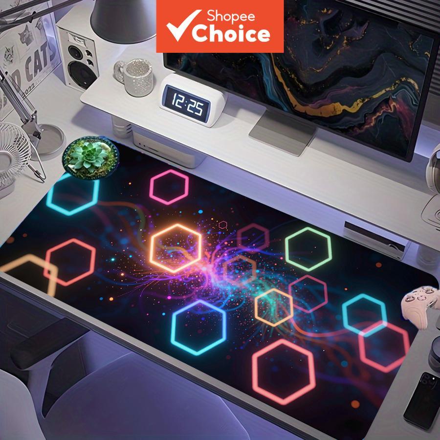 Tapete de mouse para jogos estendido com partículas hexagonais brilhantes em neon, XXL
