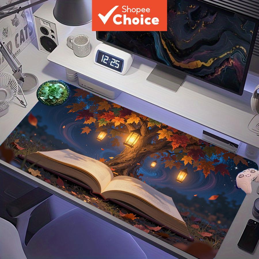 Tapete de Mesa Estético XXL Céu Estrelado Árvore de Bordo Lanterna Padrão de Livro Mouse Pad Gaming à Prova D'água