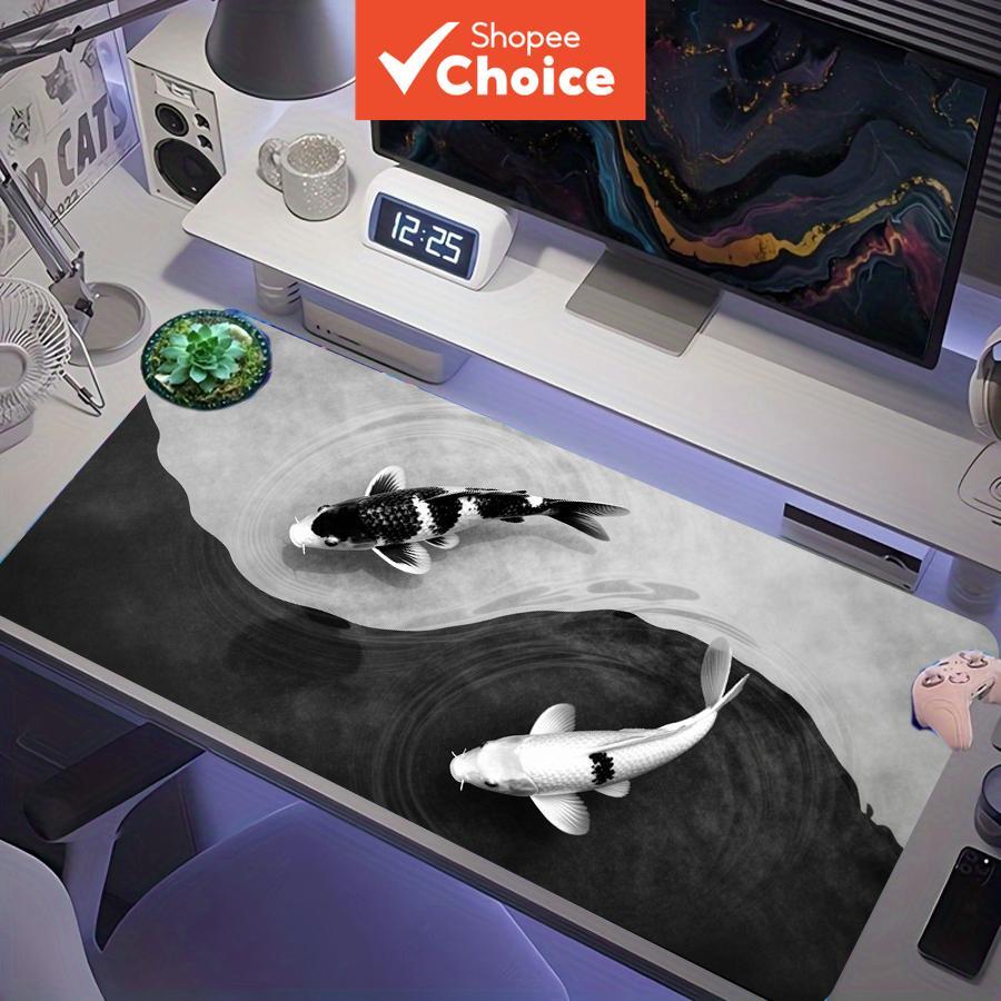 Almofada de mouse de jogos extra grande Yin Yang Peixe Koi preto branco estilo chinês, tapete de mesa de teclado XXL