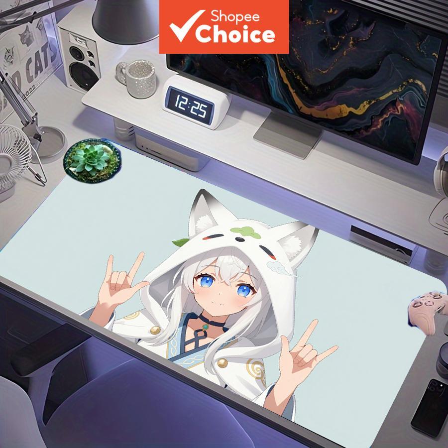 Linda raposa de anime de pelo branco em moletom, em mouse pad gamer estendido com fundo azul claro, tamanho XXL, tapete