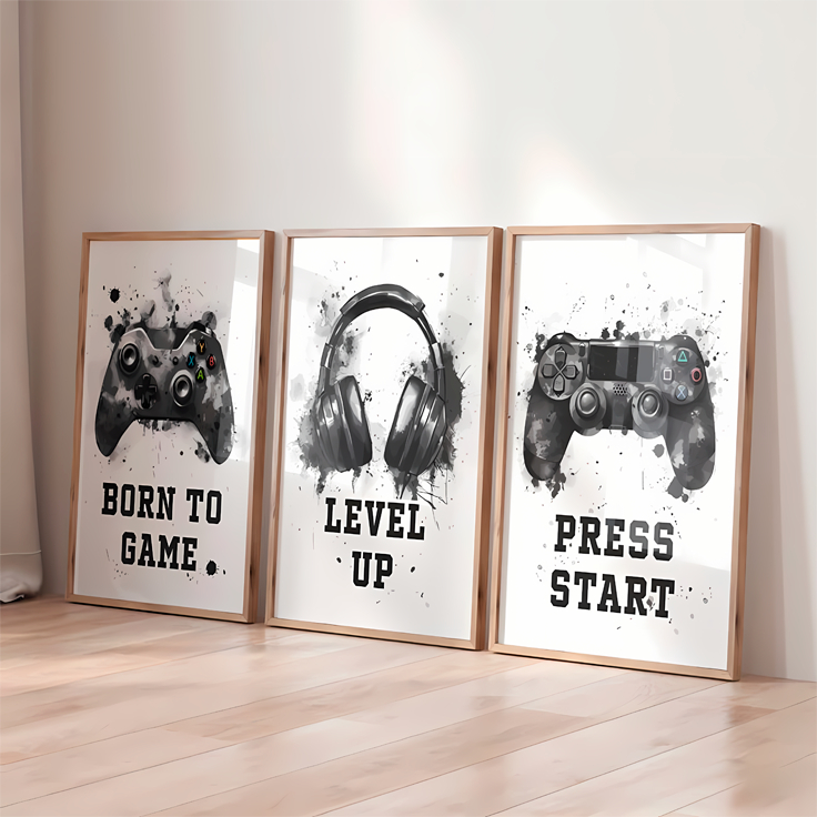 Quadros Decorativos Gamer Born To Game Level Up Press Start 3 Peças Decoração Quarto Gamer  Hall