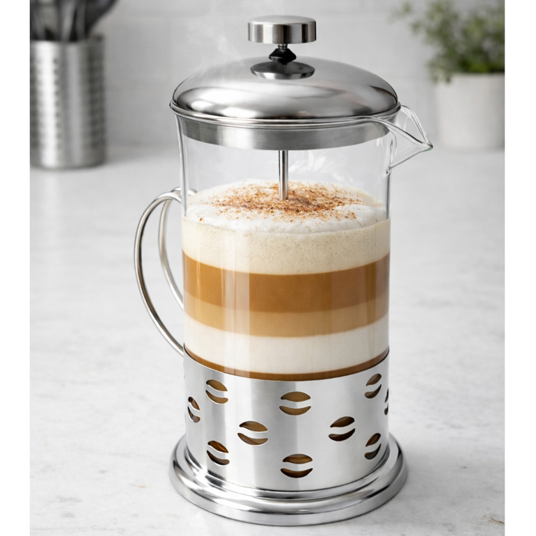 Prensa Cafeteira Francesa 600ml Inox Manual French Press Vidro Cremeira Leite Cremoso Café Cappucino