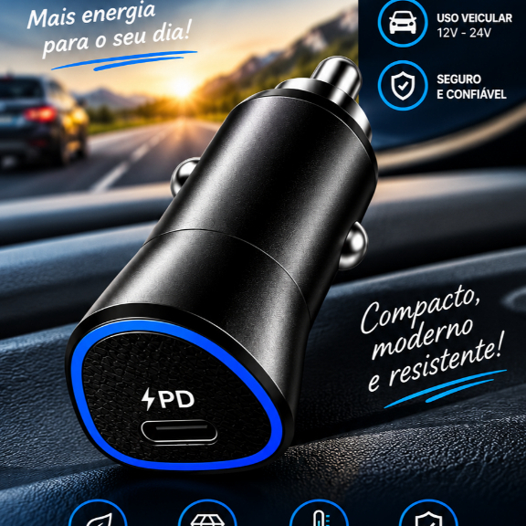 CARREGADOR VEICULAR PD 25W FAST CHARGE USB-C – PD 3.0 + PPS
