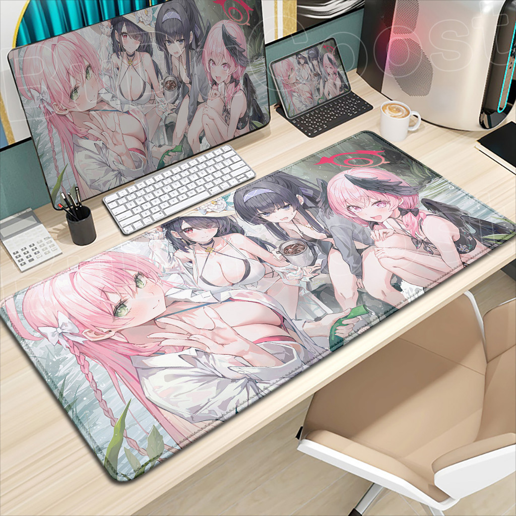 Laptop Escritório Grande Tapete De Teclado Kawaii Cabelo Rosa Shime Koharu Jogo Mouse Azul Arquivo Anime Mauspad Base De